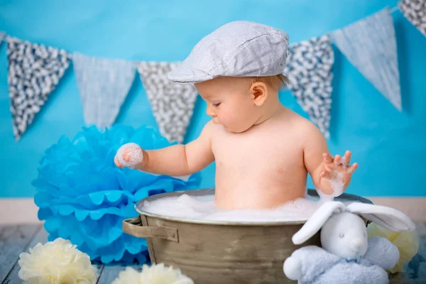 Cute Baby Boy Having Bath Smash Cake Isolated Shot Blue — Stock Photo, Image