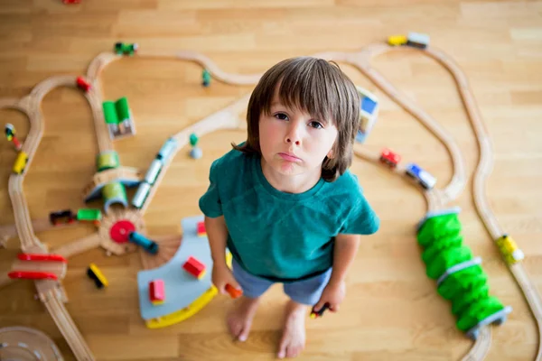 Sweet Preschool Child Boy Playing Wooden Railway Trains Home Top — Stock Photo, Image