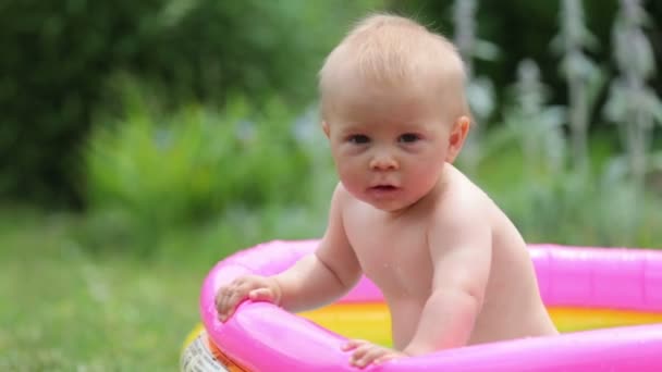 Cute Little Child Toddler Boy Playing Small Baby Pool Backyard — Stock Video