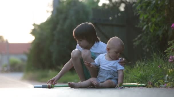 可爱的小朋友 兄弟们 一起玩一个花园软管在炎热和阳光明媚的夏日日落 兄弟姐妹户外乐趣 — 图库视频影像