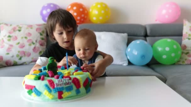 Cute Child Preschool Boy Celebrating His Birthday Colorful Cake Candles — Stock Video