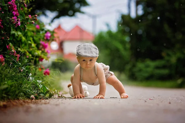 Cute Little Toddler Boy Child Playing Fluffy Toy Street Rainy — Stock Photo, Image