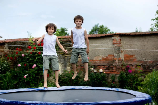 Scute Crianças Irmãos Pulando Trampolim Jardim Horário Verão — Fotografia de Stock