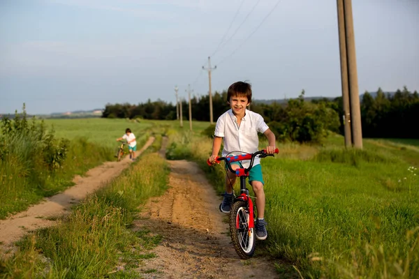 Bambini Sportivi Fratelli Maschi Andare Bicicletta Paesaggio Rurale Insieme Tramonto — Foto Stock