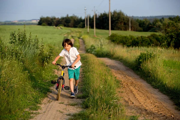 Sportif çocuk, erkek kardeşler, Bisiklet üzerinde bir kırsal manzara birlikte günbatımı üzerinde sürme