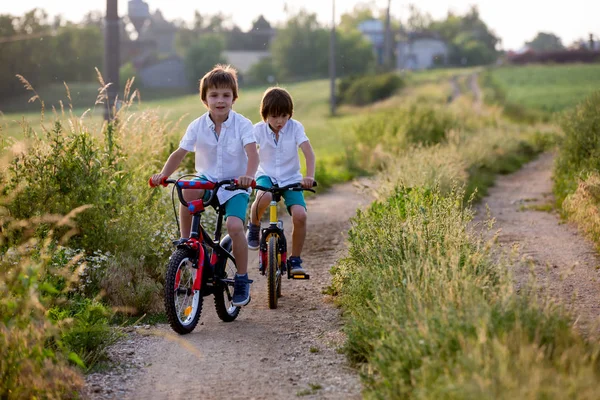 어린이 자전거를 풍경에 일몰에 — 스톡 사진