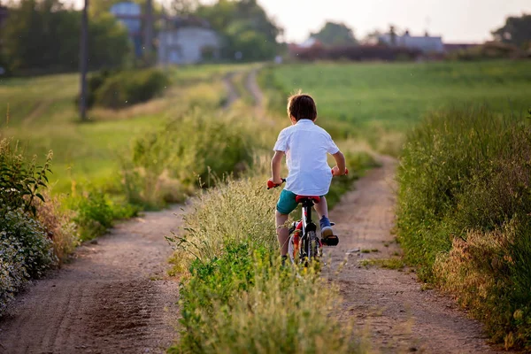 スポーティな子供 男の子兄弟 日没に一緒に農村風景にバイクに乗って — ストック写真