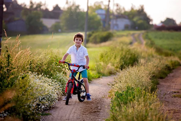 スポーティな子供 男の子兄弟 日没に一緒に農村風景にバイクに乗って — ストック写真