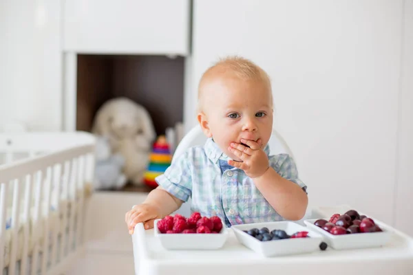 Entzückender Kleiner Junge Der Hause Frisches Obst Isst Kinderzimmer Kinderstuhl — Stockfoto