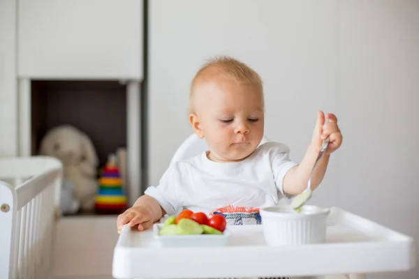 Süßes Baby Junge Isst Püriertes Essen Und Frisches Gemüse Sitzt — Stockfoto