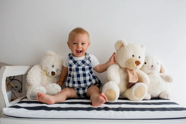 Sweet Baby Boy Toddler Child Playing Home Lots Different Toys — Stock Photo, Image