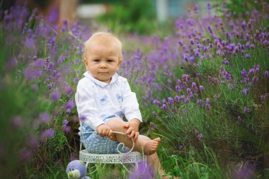 Lavanta yaz alanında vintage sandalye üzerinde oturan mutlu bebek boy gülümseyerek,