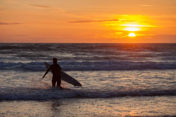 Surfař Pláži Oceánu Západ Slunce Léto — Stock fotografie