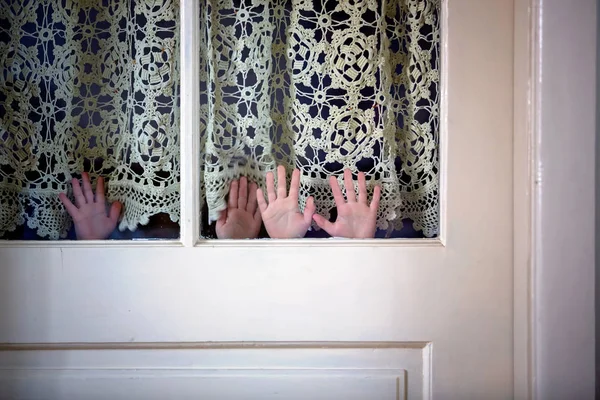 Little Preschool Boy Child Looking Out Scared Door Windows — Stock Photo, Image