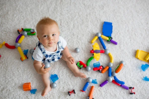 Sweet Baby Boy Toddler Child Playing Home Lots Different Toys — Stock Photo, Image