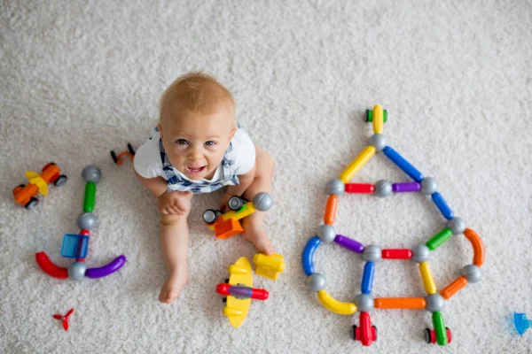 Sweet Baby Boy Toddler Child Playing Home Lots Different Toys — Stock Photo, Image