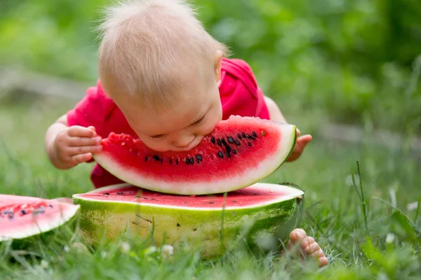 Niedliche Kleinkind Baby Junge Essen Reife Wassermelone Garten Leckere Früchte — Stockfoto