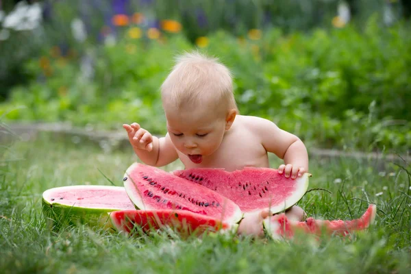 Şirin Yürümeye Başlayan Çocuk Bebek Çocuk Bahçe Lezzetli Meyve Olgun — Stok fotoğraf