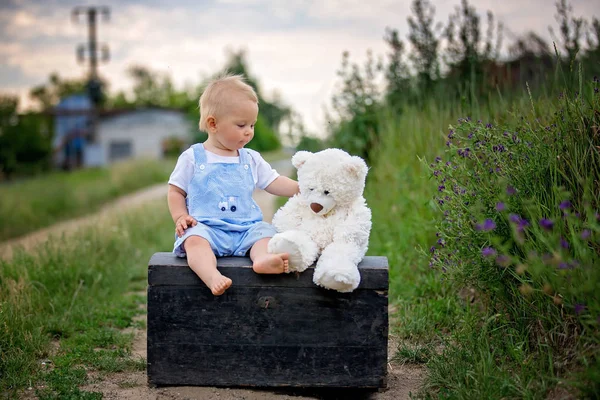 Lindo Niño Pequeño Sentado Maleta Vintage Jugando Con Oso Peluche —  Fotos de Stock