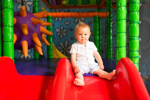 Little Toddler Child Boy Playing Childrens Playground Indoors Kid Plays — Stock Photo, Image