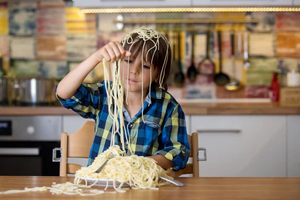 Little Preschool Boy Cute Child Eating Spaghetti Lunch Making Messat — Stock Photo, Image