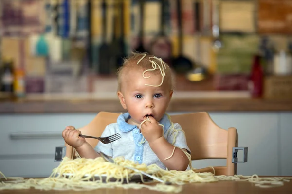 Little Baby Boy Toddler Child Eating Spaghetti Lunch Making Mess — Stock Photo, Image