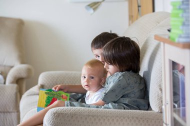 Üç erkek, bir koltukta oturan ve oturma odasında bir kitap okuma kardeşler, yaz