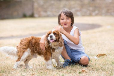 Beaugtiful okul öncesi çocuklar parkta, tatlı köpek ile oynarken, yaz