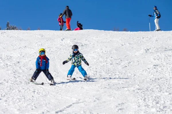 Two Young Children Siblings Brothers Skiing Austrian Mountains Sunny Day — Stock Photo, Image