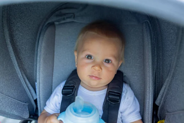 可爱的学步婴儿男孩喝水从婴儿奶瓶 坐在婴儿推车在炎热的夏天天 — 图库照片