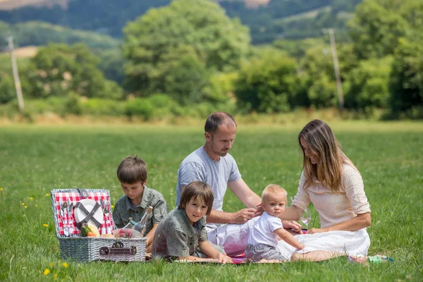 Família Feliz Fazendo Piquenique Rural Vista Aérea Devonshire Verão — Fotografia de Stock