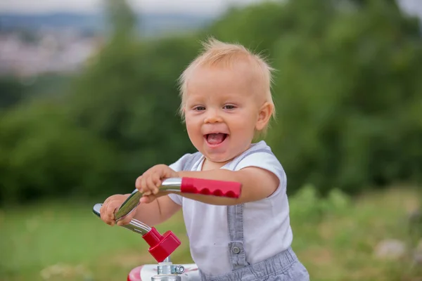 Schattig Peuter Kind Jongen Spelen Met Driewieler Achtertuin Kid Paardrijden — Stockfoto