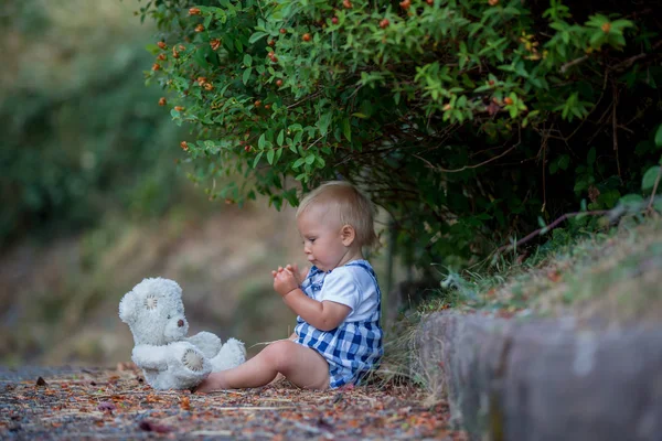 Adorável Criança Brincando Com Ursinho Pelúcia Parque Verão — Fotografia de Stock