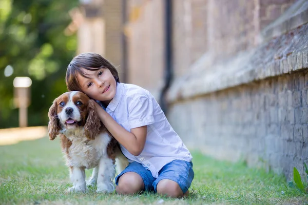 Beaugtiful Okul Öncesi Çocuklar Parkta Tatlı Köpek Ile Oynarken Yaz — Stok fotoğraf