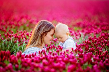 Young mother holding her todller son in crimson clover field, family having fun togther clipart