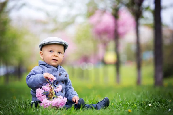 Retrato Lindo Niño Sonriente Elegante Sentado Hierba Parque Aire Libre —  Fotos de Stock