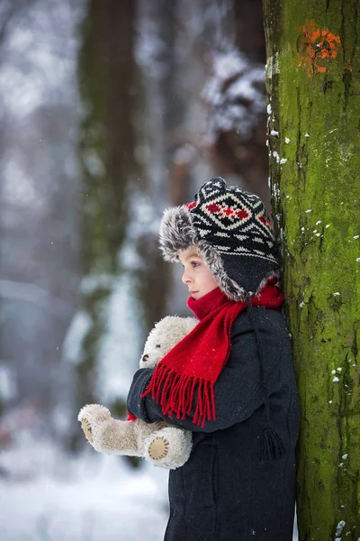 Bambino Perduto Triste Ragazzo Una Foresta Con Orsacchiotto Inverno Nella — Foto Stock