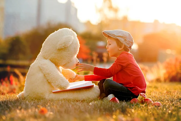Entzückender Kleiner Junge Mit Seinem Teddybärenfreund Park Bei Sonnenuntergang Schönes — Stockfoto