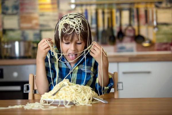 Little Preschool Boy Cute Child Eating Spaghetti Lunch Making Messat — Stock Photo, Image