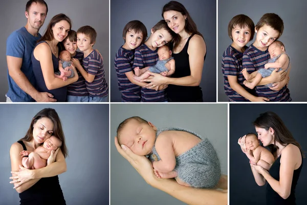 Colagem Família Com Recém Nascido Dois Irmãos Mais Velhos — Fotografia de Stock