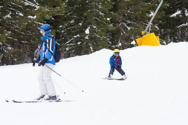 Young Preschool Child Followed His Father Skiing Snow Slope Ski — Stock Photo, Image