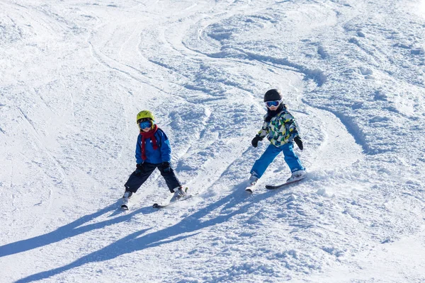 Two Young Children Siblings Brothers Skiing Austrian Mountains Sunny Day — Stock Photo, Image