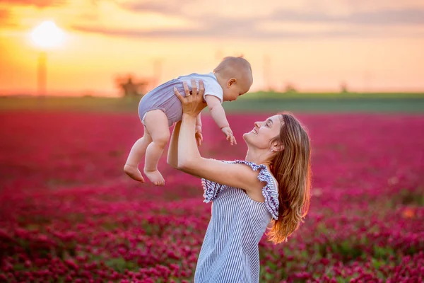 Young Mother Holding Her Todller Son Crimson Clover Field Family — Stock Photo, Image