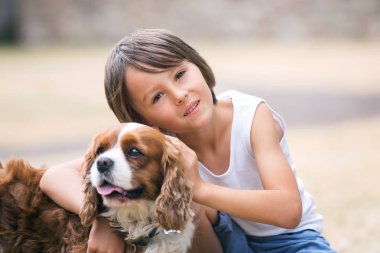 Beaugtiful okul öncesi çocuklar parkta, tatlı köpek ile oynarken, yaz