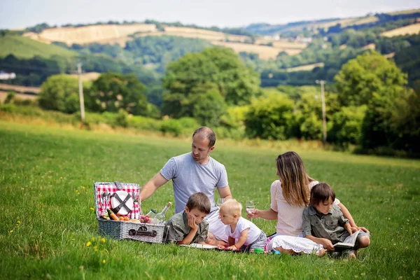 Szczęśliwa Rodzina Pikniku Widoku Obszarów Wiejskich Powietrzne Devonshire Lato — Zdjęcie stockowe