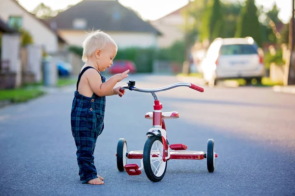 Ładny Toddler Dziecko Chłopiec Gra Trójkołowy Ulicy Dzieciak Jazda Rowerem — Zdjęcie stockowe