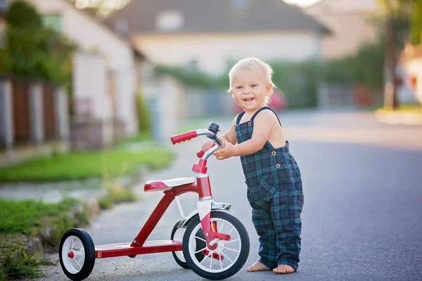 Симпатичный Ребенок Мальчик Играет Трехколесным Велосипедом Улице Ребенок Катается Велосипеде — стоковое фото
