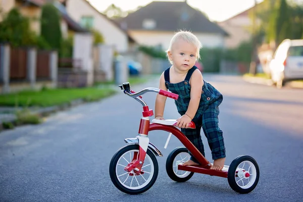 Criança Bonito Menino Brincando Com Triciclo Rua Criança Andar Bicicleta — Fotografia de Stock