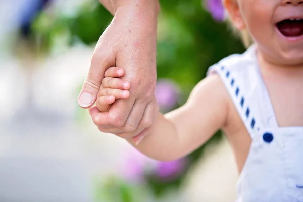 Little Stylish Baby Boy Sailor Clothes Holding His Grandmother Hand — Stock Photo, Image