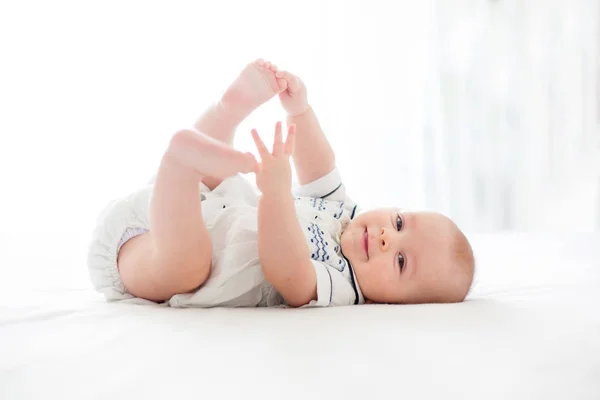 Cute Little Four Month Old Baby Boy Playing Home Bed — Stock Photo, Image